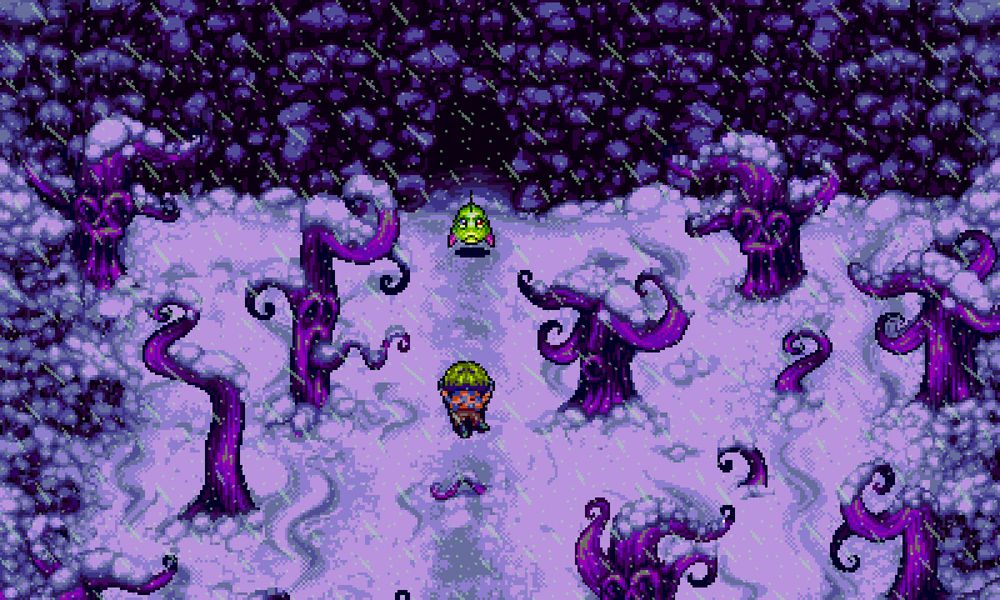 A screenshot from Octopus City Blues. In a snowy field with creepy looking tree, the main character is lying on the ground in front of a floating green fish.