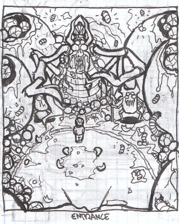 Black and white concept art showing a giant, crowned insect in a room filled with egg sacks.