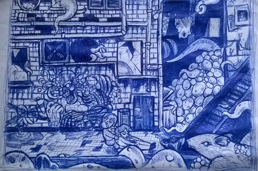 A ballpoint pen drawing of a back alley area. Tentacles and a rat can be seen in the foreground. The main character is shown struggling to pull an unconscious man. There are tentacles and a building in the background, with graffiti of a cyborg and several broken windows.