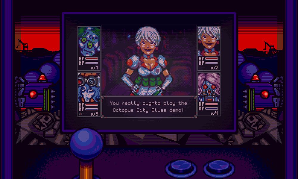 A screenshot from an arcade cabinet in Octopus City Blues. A character addresses the player "You really oughta play the Octopus City Blues demo!"