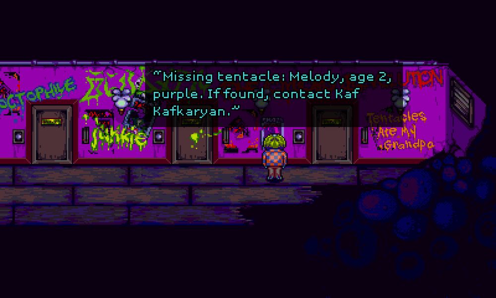 A screenshot from Octopus City Blues. The main character is examining a poster. The following text is displayed: "Missing tentacle: Melody, age 2, purple. If found, contact Kaf Kafkaryan."