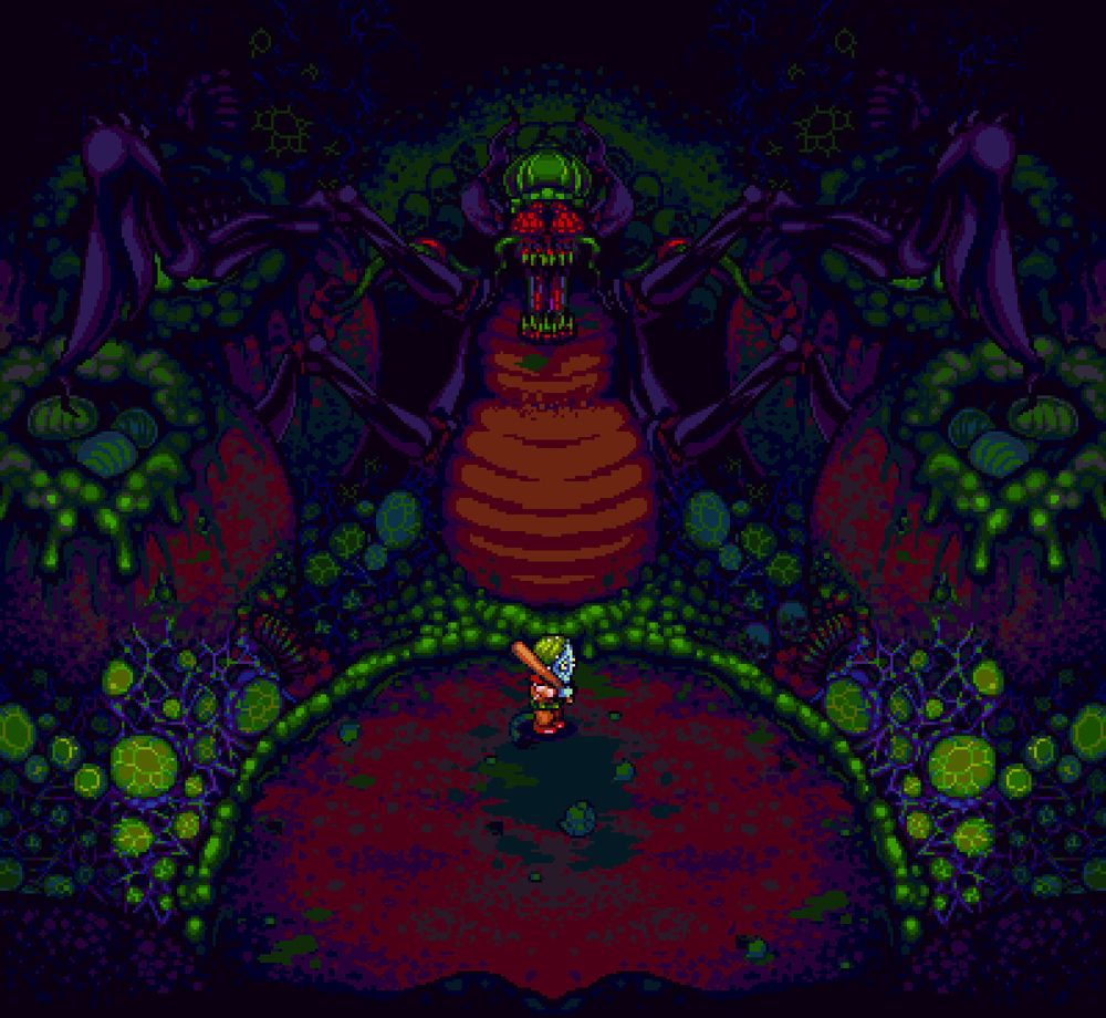 A screenshot from Octopus City Blues where the main character, equipped with a baseball bat, faces a giant, angry insect.