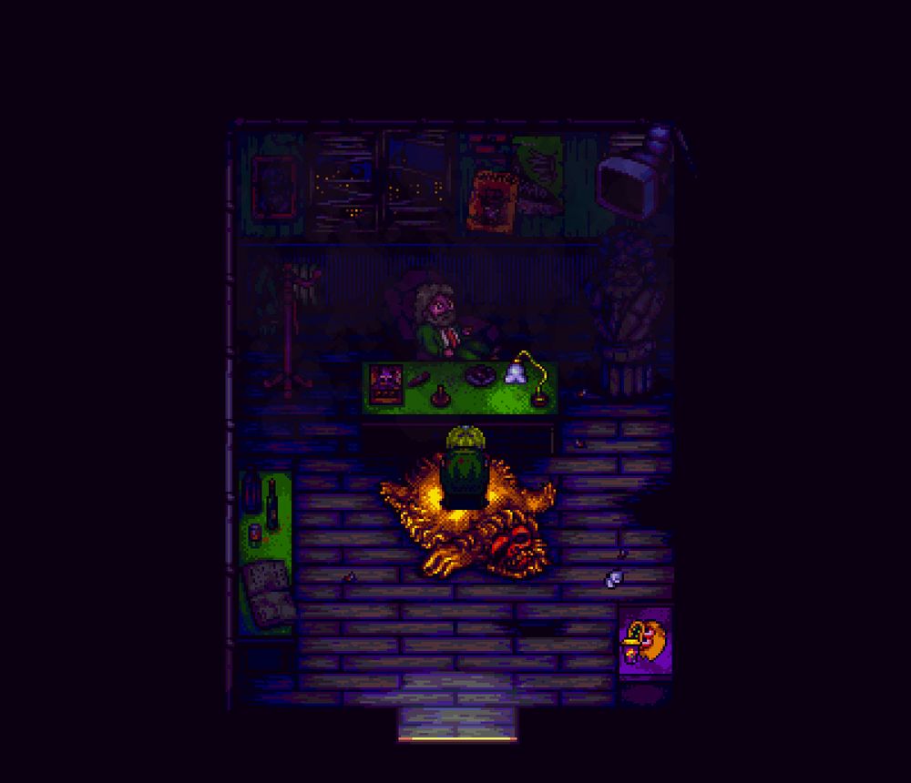 A screenshot from Octopus City Blues. The main character is seated in an office room, across the desk sits a bearded man wearing a green suit.