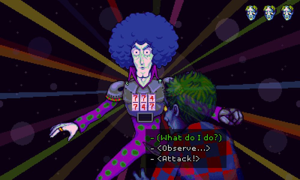 A screenshot from Octopus City Blues. The main character holds a knife and has their back to the viewer while challenging a clownish looking person with a slot machine on their chest.  At the top right, there are three identical faces representing the main character. A text box is shown with three choices: (the first one is selected)
"- (What do I do?)
- <Observe...>
- <Attack!>"