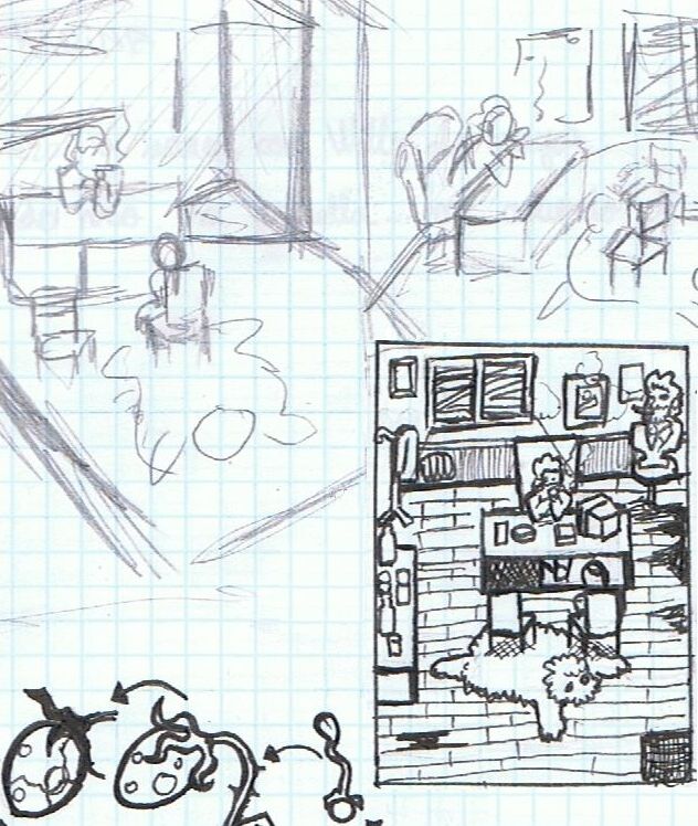 Black and white concept art showing different variations of an office room with two characters facing each other.