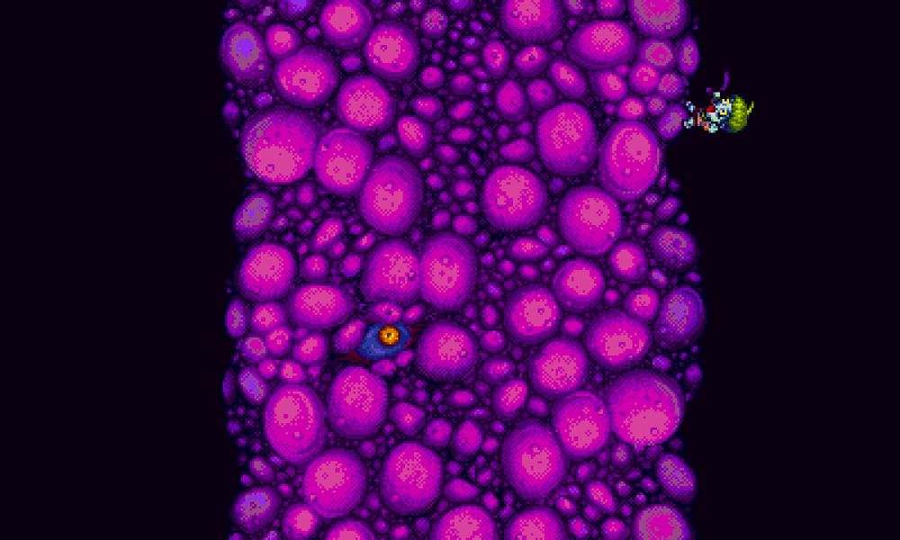 A screenshot from Octopus City Blues. A large pink tentacle is shown, it has a singular eye staring at a falling child.