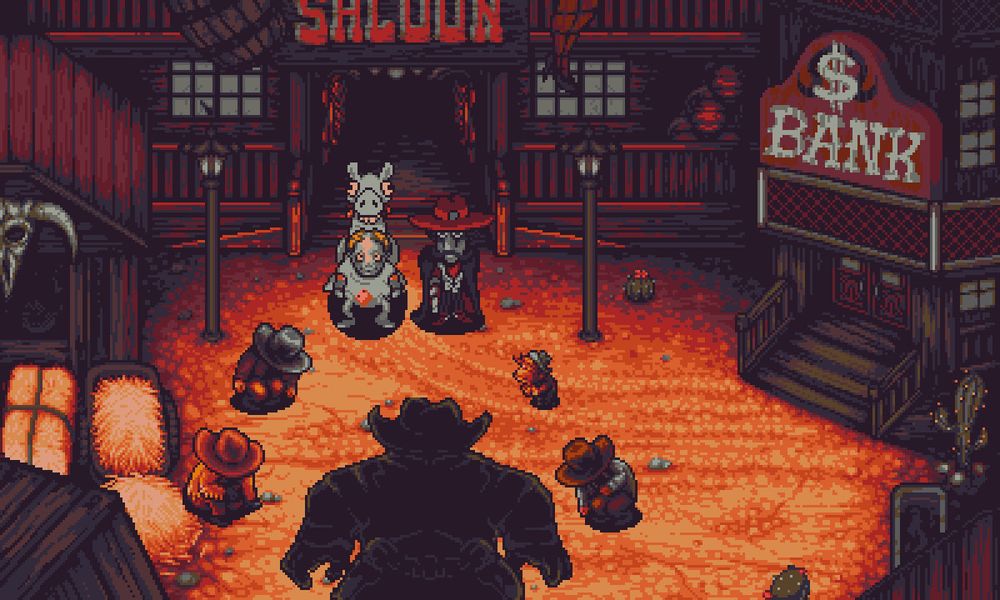 A screenshot from Octopus City blues. In a western-themed town, a cowboy and a person in a horse costume are facing a large and shadowy cowboy. Four other cowboys surround the large one while kneeling.
