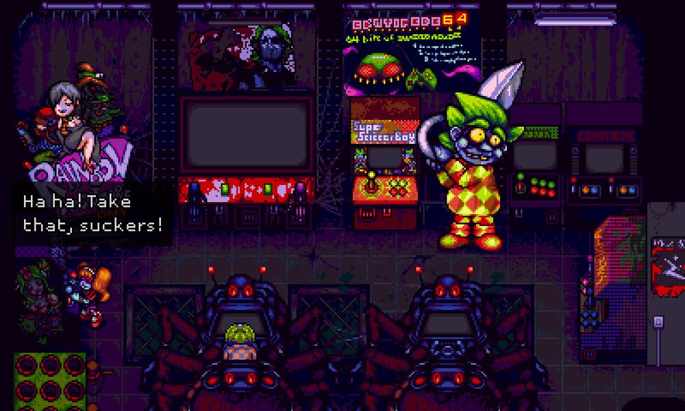 A screenshot of the arcade from Octopus City Blues. A couple of characters are standing in a video game arcade. There are various arcade cabinets, posters and figures. A text box is displayed above one character: "Ha ha, Take that, suckers!"