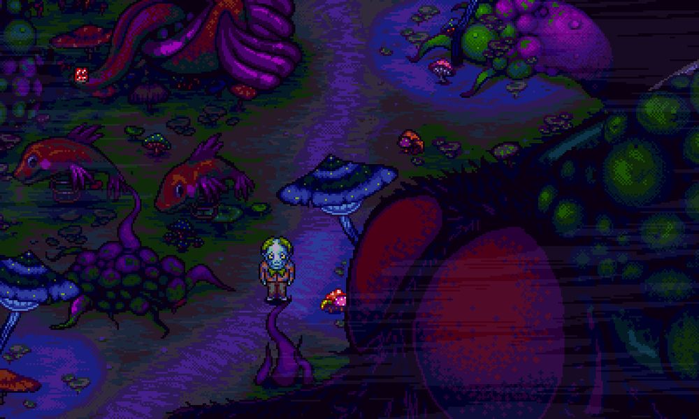 A screenshot from Octopus City Blues. The main character stands in a dark fish-themed playground. There are tentacles all over the place and a giant green fly in the foreground.