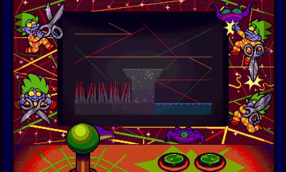 A screenshot of an arcade cabinet from Octopus City Blues. You can see the buttons and a control stick. The screen displays some of kind of platform. The cabinet is adorned with pictures of a green-haired clownish character with ridiculously large scissors.