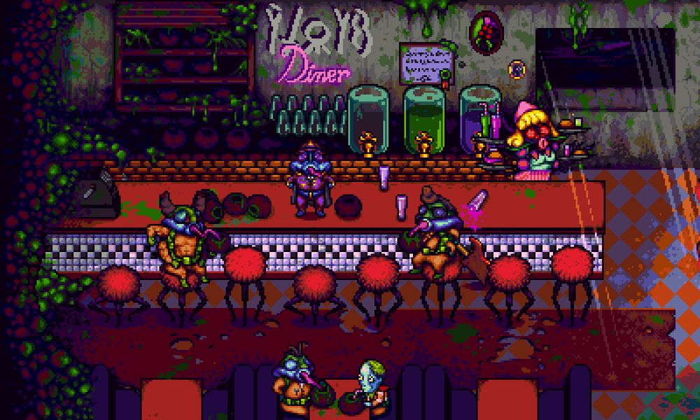 A screenshot from Octopus City Blues. A number of beetle soldiers sit down to have a drink in a diner.