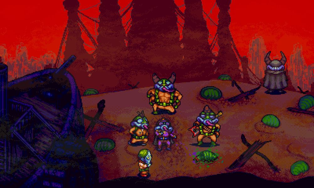 A screenshot from Octopus City Blues. Six characters are standing a beach littered with green bugs and fortifications. There's a small steam boat on the left side. One of the characters is a beetle dressed in a purple army uniform, lying on their back. Three other beetle "soldiers" wearing a yellow/orange colored uniform, in addition to the main character, surround the one on ground. Finally, a lone beetle soldier in a cape stands apart looking at the looming towers in the reddish horizon.