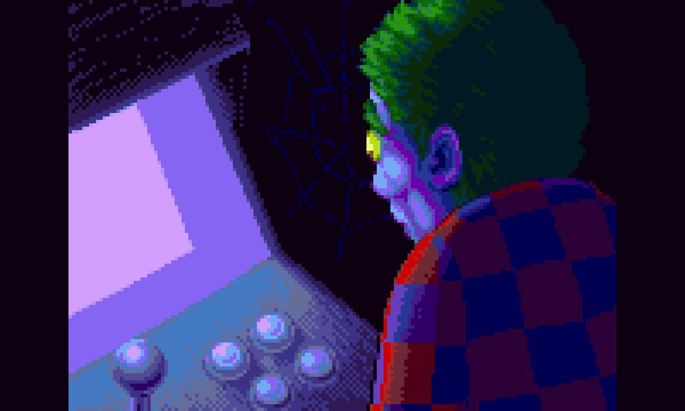 A screenshot from Octopus City Blues showing the main character interacting with an arcade cabinet.