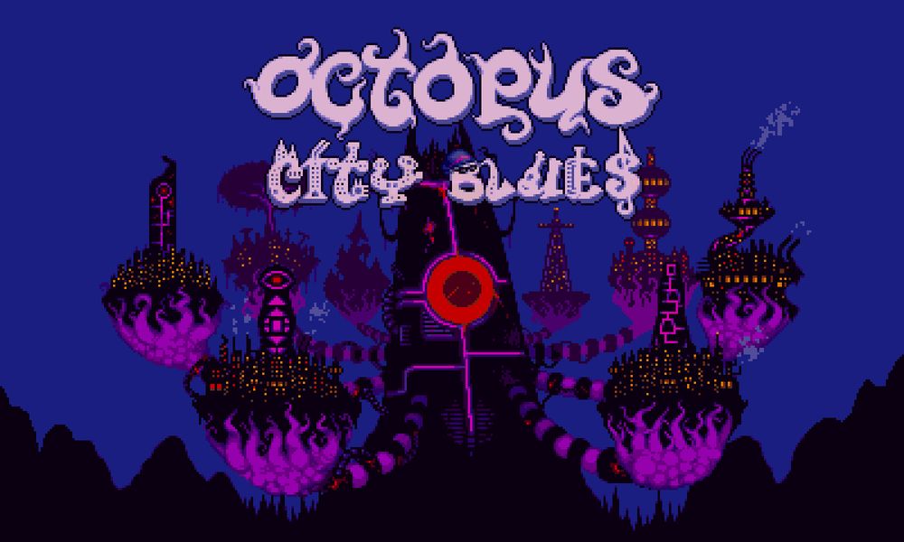 The title screen of Octopus City Blues showing the titular Octopus City and the logo "Octopus City Blues".