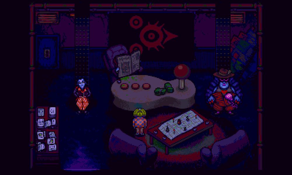 A screenshot from Octopus City Blues. A dark office with a desk shaped like a game controller. A seated person is reading a newspaper across the desk, while two enforcers stand on each side. The main character faces the newspaper reader.
