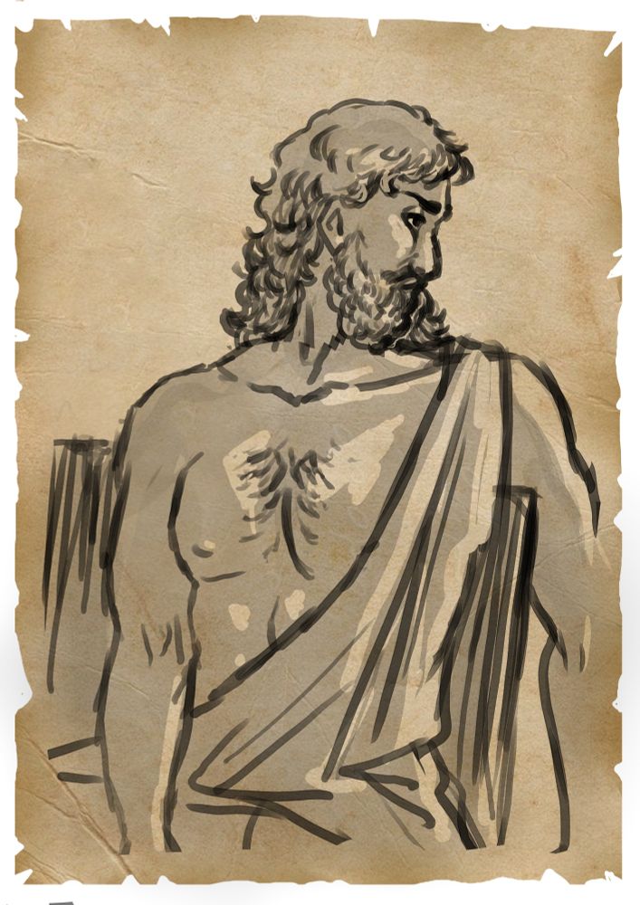 illustration of Hades, god of the dead.
he's sitting and looking serious at his side.