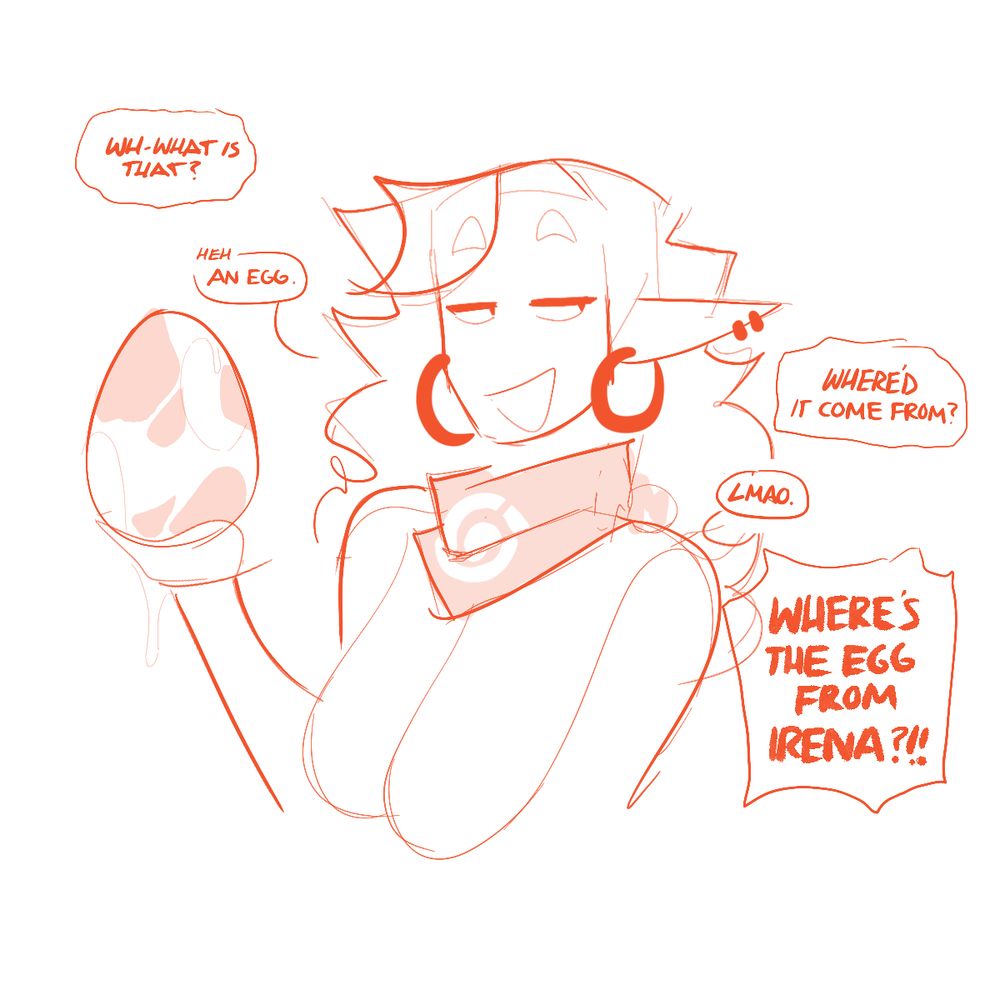 Irena holds a Pokémon egg, not giving a straight answer on where it came from. She has a mischievous look.