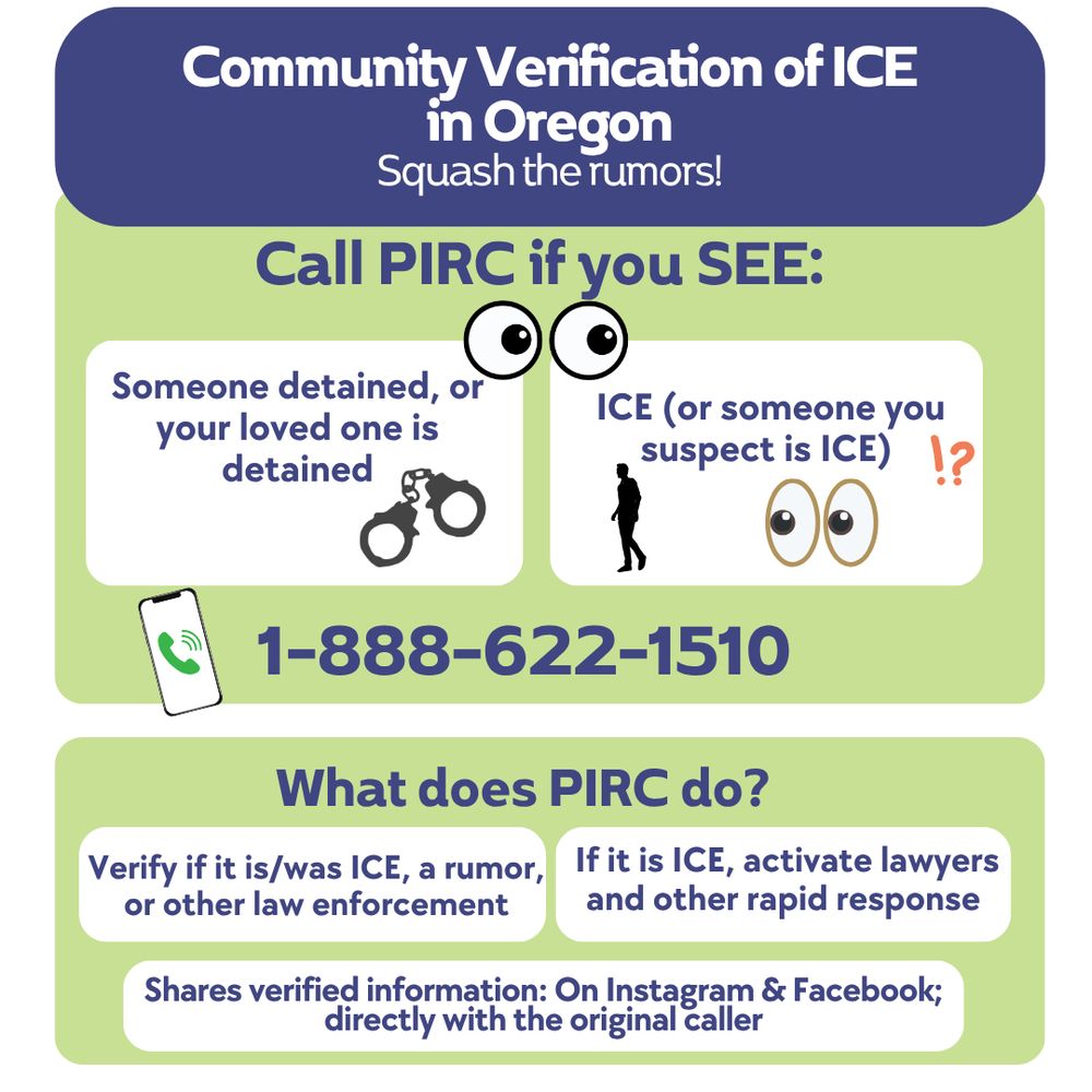 A slide explaining that calling the PIRC hotline 1-888-622-1510 is something folks should do if they see a detention or suspected ICE presence. Slide explains that PIRC verifies rumors and activates rapid response. 