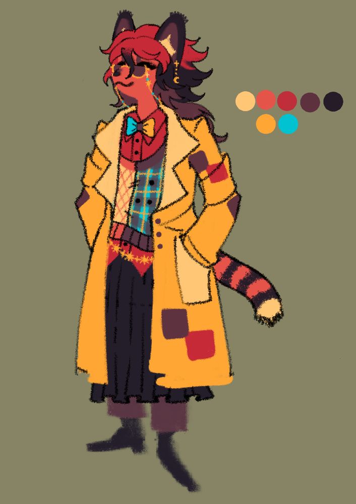 A furry orange serval character with long auburn hair that transitions into taupe at the bottom. She is wearing a gaudy and chaotic outfit.