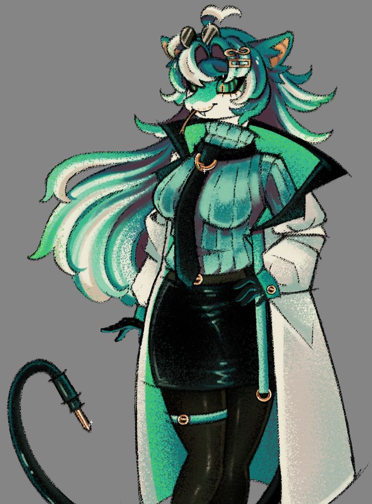 Visual novel sprite for the character Apofis from my wip project. She is an anthro snake dressed in a lab coat, turtleneck, and pencil skirt. She has long green hair with white streaks and sunglasses atop her head. 