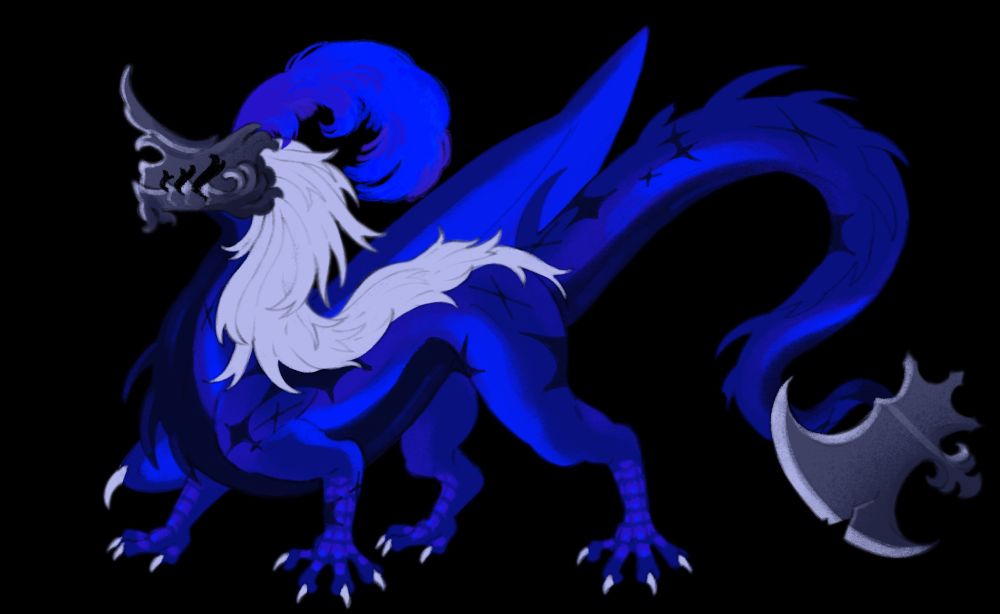 fullbody drawing of a royal-blue dragon. it wears an elaborate helmet with a large feather plume, and the tip of its tail is a huge halberd. it is covered in scars and missing one wing. 