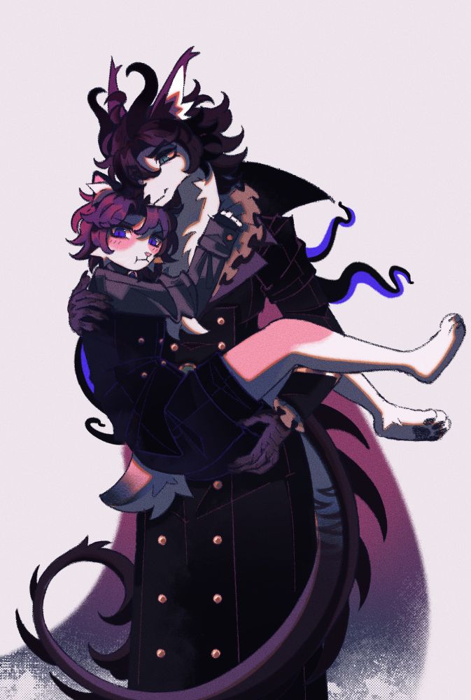digital illustration of my two anthro oc. Kyoshie, a tall fox dragon, is holding Nicholas, a feline in her hands.