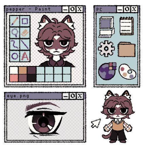 drawing of my fursona, anthro siamese cat. she is a butch girl with dark academia-esque style. the drawing is stylized after ms paint/old windows popups 