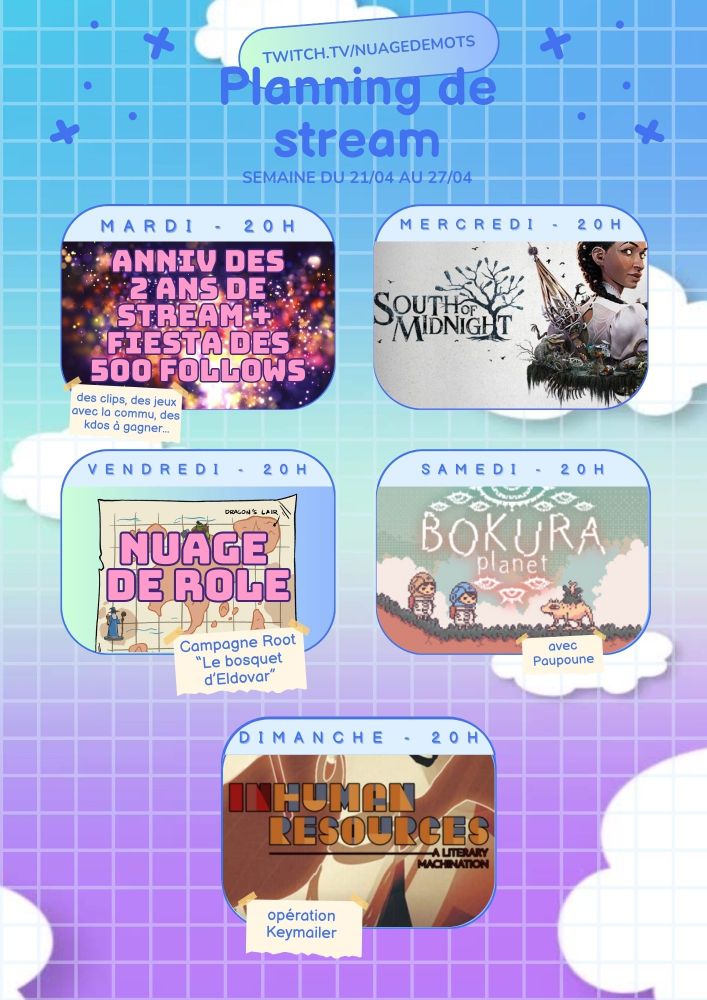 Le planning de ma chaîne Twitch, tel que décrit dans le texte ! Tous les horaires sont à 20h. Le fond est violet et bleu avec des nuages et des petites étoiles.