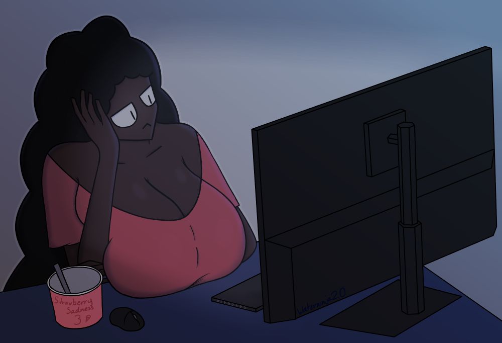 Drawing of a black character of mine named Kari staring at their desktop monitor. They are resting their head on their hand. Kari's wearing an oversized pink shirt. Their hair is long, black, and puffy. Their chest is large and rests on the desk. Their eyes are large and semicircle-like with thin, black pupils.
A keyboard, mouse, and empty tub of strawberry ice cream lay atop the desk. There is a spoon in the ice cream tub. The ice cream tub reads "Strawberry Sadness 3" and has a small drawing of an ice cream cone. The side of the keyboard reads "KEYBOARD."
The lights are dim and the main source of light comes from Kari's monitor.