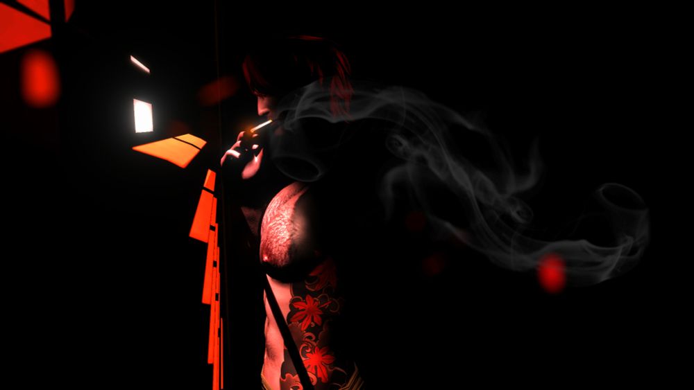 Duskwight Elezen OC, Leon, smoking in near darkness in front of window blinds with red light streaming through. Gpose screenshot from the mmorpg FFXIV 