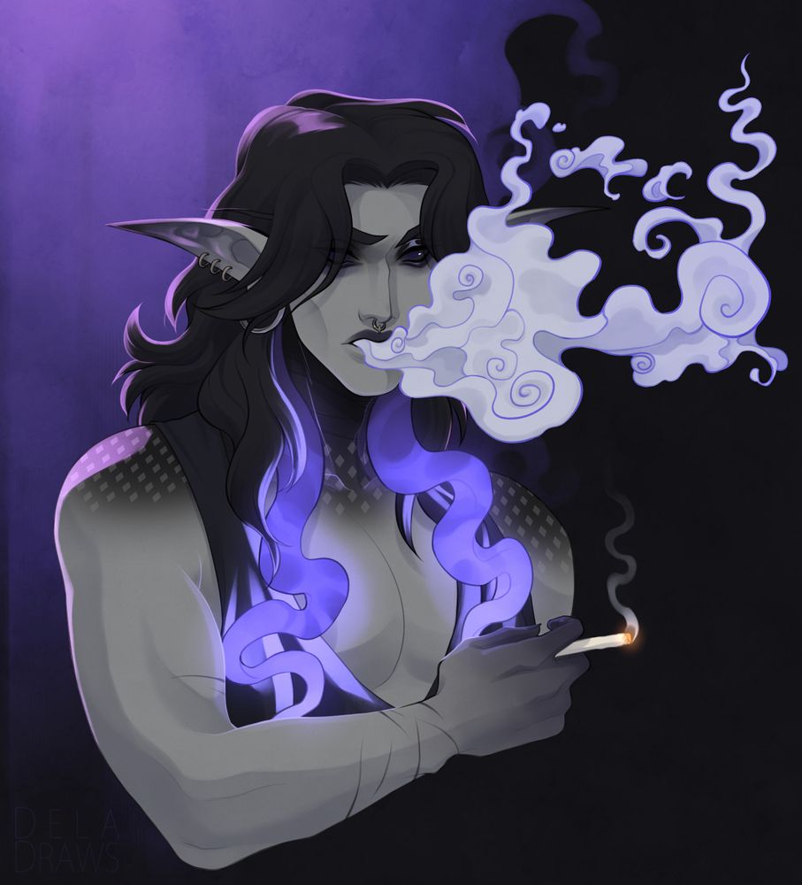 digital art of void elf man holding a cigarette and blowing out a thick cloud of smoke 