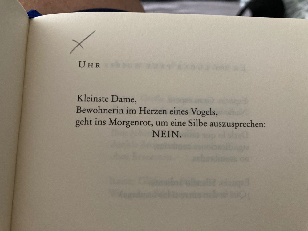 UHR

Kleinste Dame
Bewohnerin im Herzen eines Vogels,
Geht ins Morgenrot, um eine Silbe auszusprechen:
NEIN