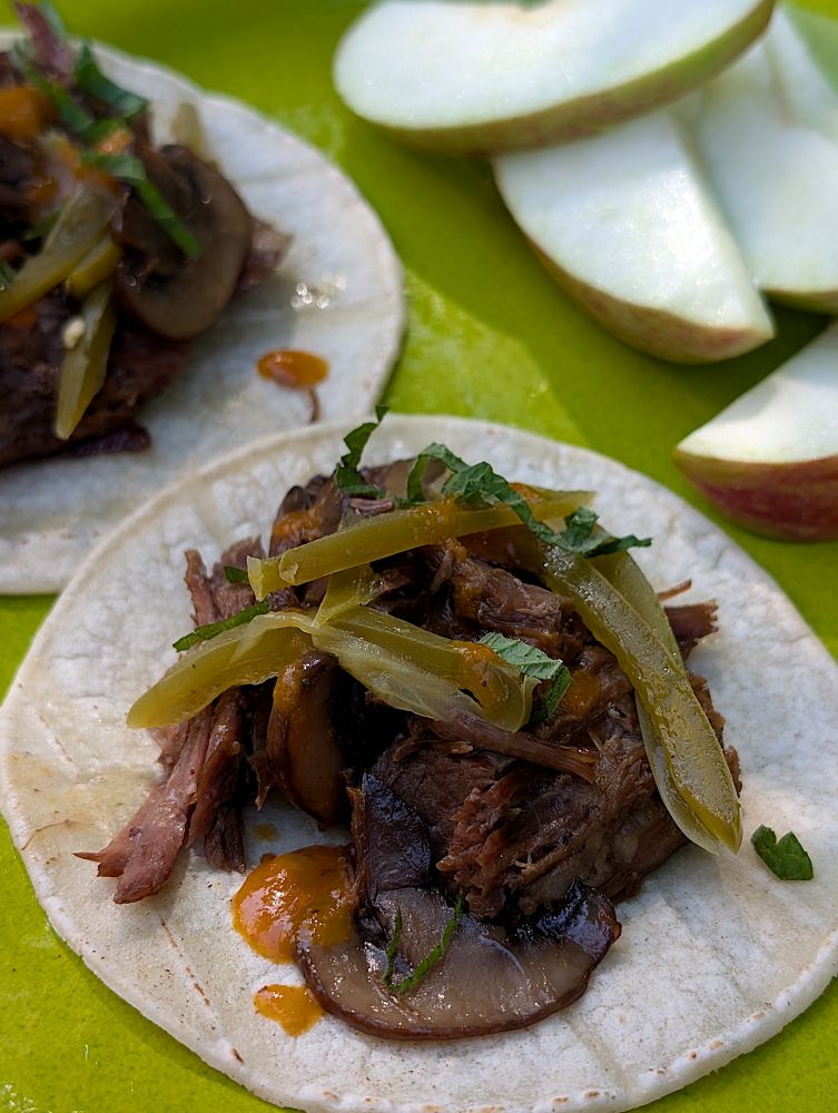 a couple of beef tacos on a green plate with some apple slices on the side