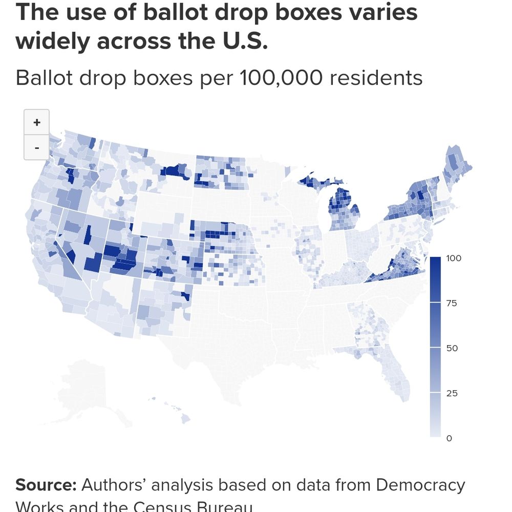 Figure A of the linked report showing a map of counties in the United States and the number of ballot boxes per 100,000 county residents
