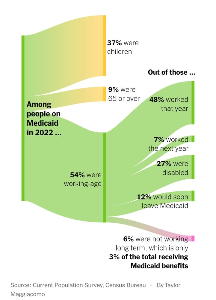 A Sankey diagram by Taylor Maggiacomo from the linked column by Matt Bruenig that shows the distribution of age and employment status of Medicaid recipients in 2022. In particular it shows that only 3% of Medicaid recipients were working age but not working long term