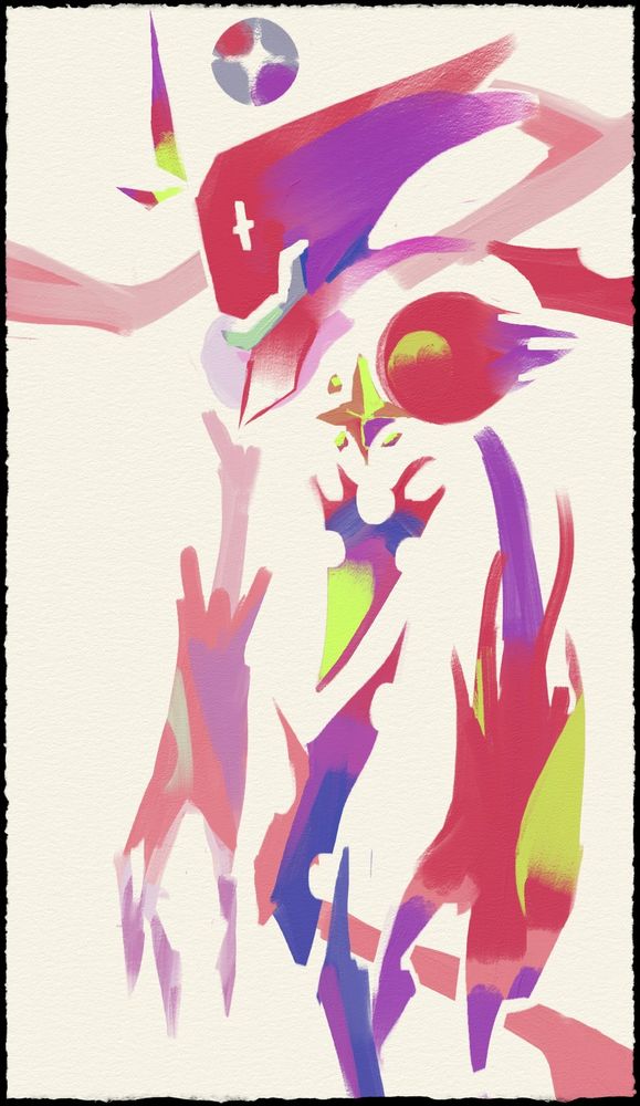 a red phantom with a long scarf, a halo, and giant claws.
Set in a foggy white scene, with the crystals refracting green and purple light.