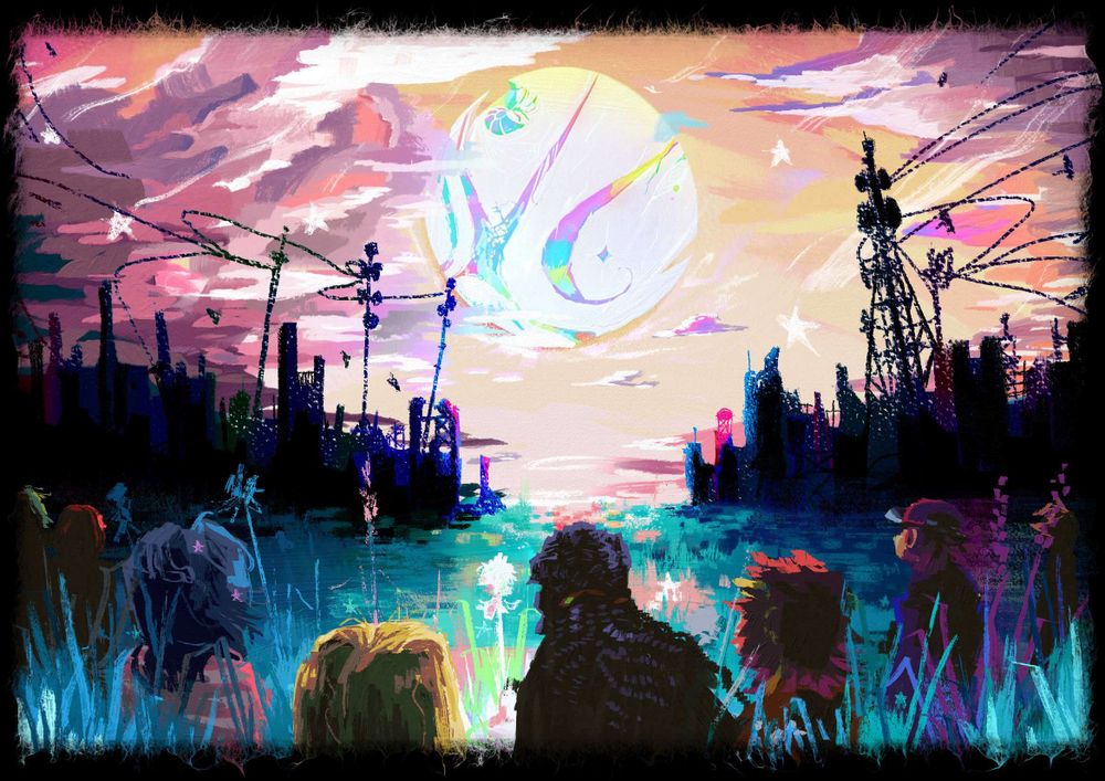 A group of people stand in a glimmering field, lit by the glow of a massive crystalline meteor crashing through the purple clouds above, threatening the cityscape below.
