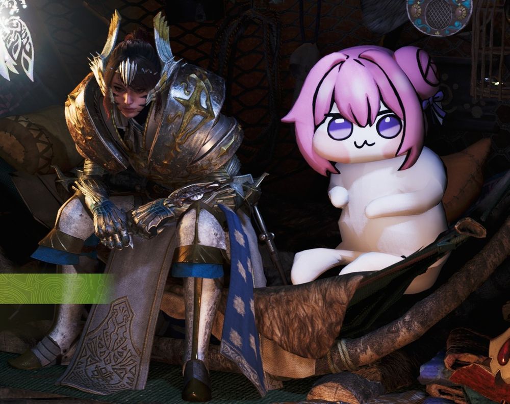 A cropped screenshot from Monster Hunter Wilds with my hunter and my palico. The palico has a Doro mod. Screenshot is taken to show my two sides: serious and silly.