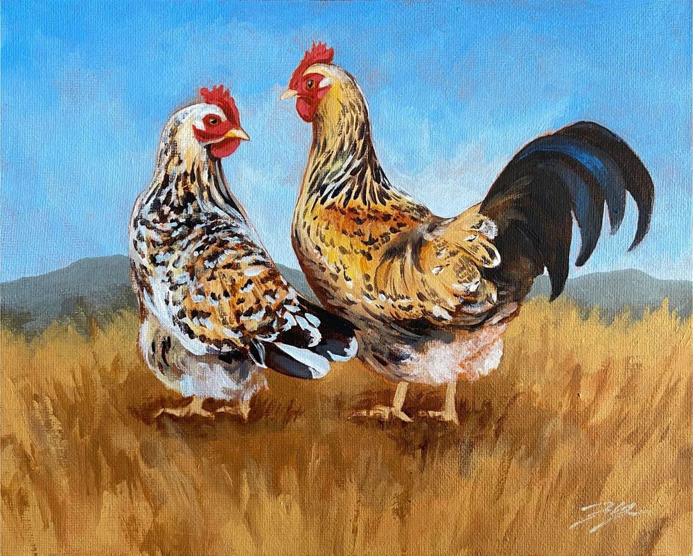 A colorful painting of a hen and rooster looking at distant mountains. The chickens have a notable spotted pattern in their feathers. They are standing on a gold field of grass under a bright blue sky. 