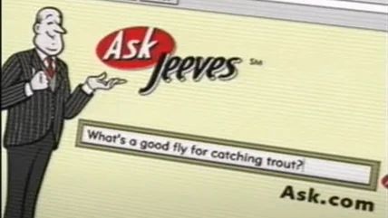 The "Ask Jeeves" search engine features a cartoon butler with one hand poised palm up as if serving the search results