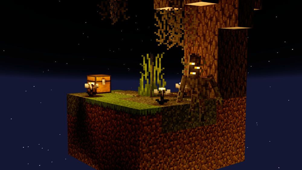 A Skyblock Island with a Creaking sitting on it.