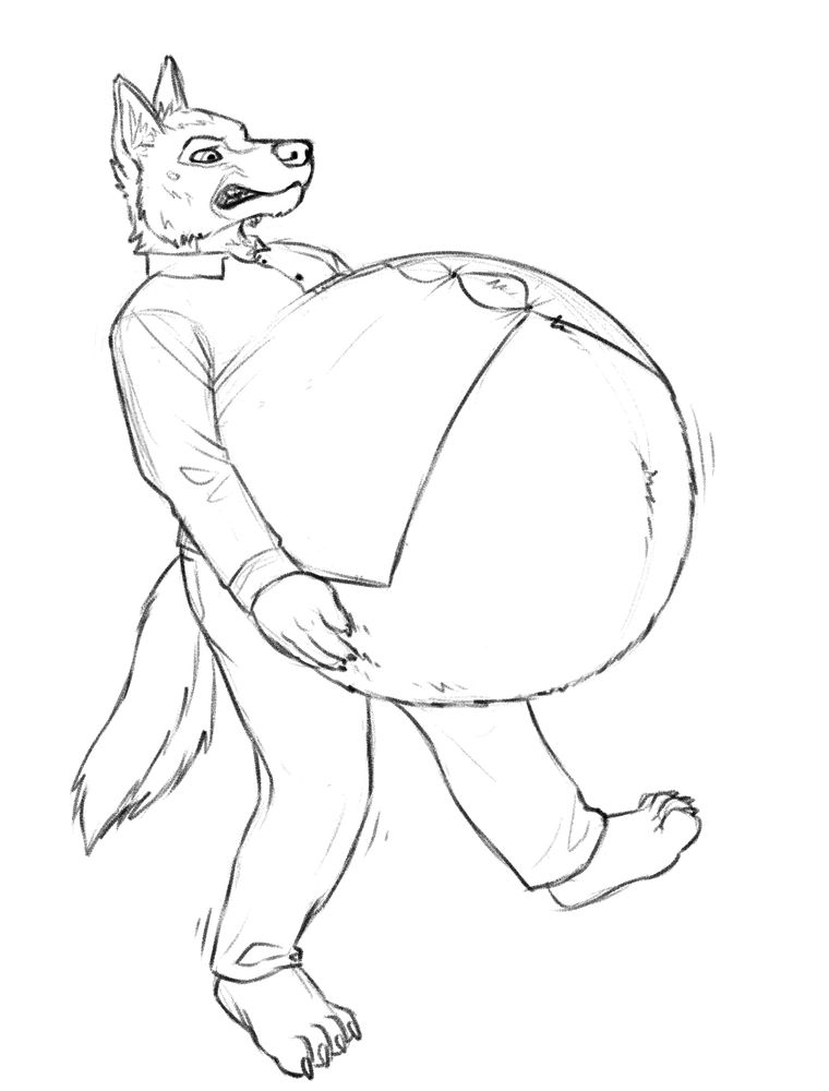 Dramatically overstuffed german shepherd anthro, struggling to walk with their huge ball gut getting in the way