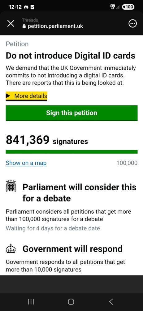 Image of the petition to not have digital ID currently at 841369 signatures