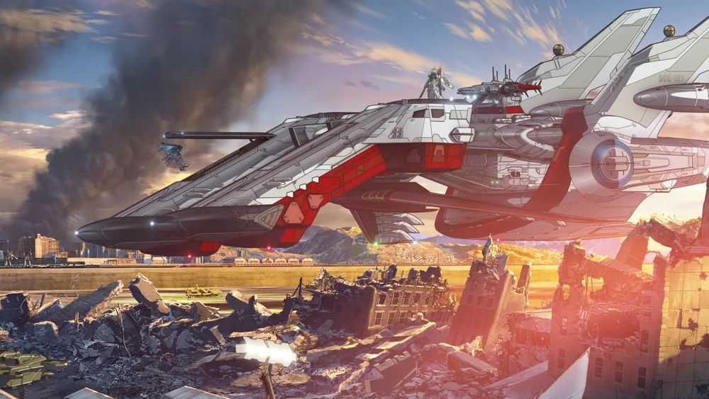 Archangel from Gundam Seed Freedom

It's a large white ship with two pylons that extend forward and down at 45 degrees. The tower is above the center of mass and it has a pair of tail fins almost the same height as the ship itself. There is a red paint at the bottom of the ship.