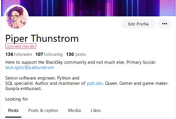 Piper Thunstrom's profile on bluesky, underneath the display name there's a red box with the text "⚠ Invalid Handle"