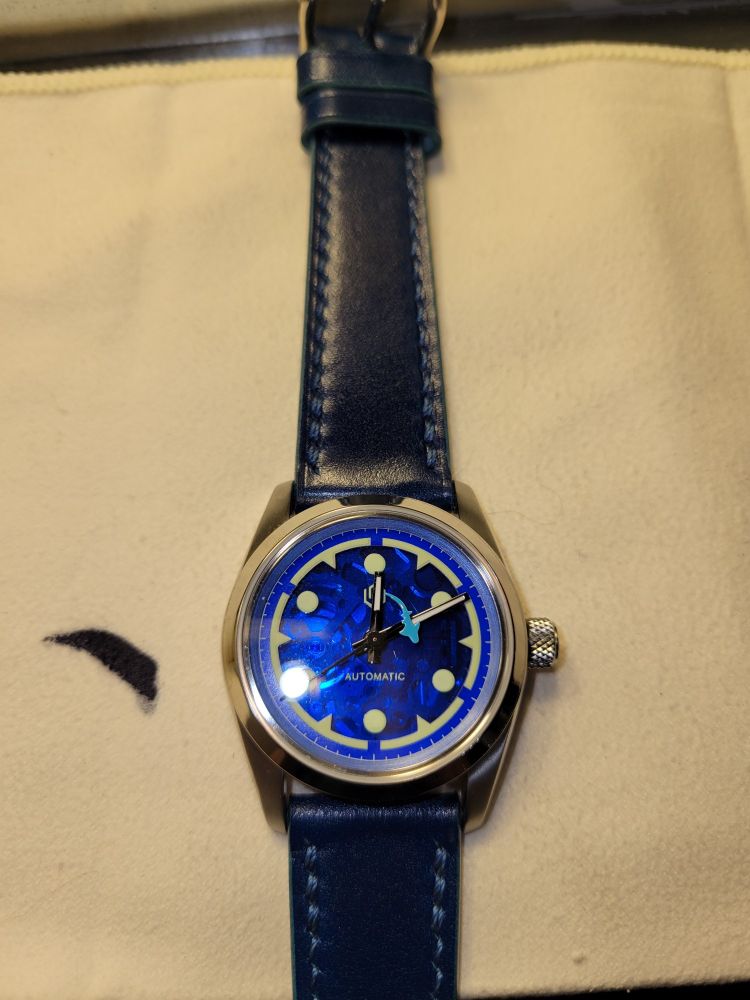 A mechanical wrist watch. The case is a nondescript silver color. The dial (face) is a translucent blue showing off a hint of the skeletonized movement underneath. It has lumed circles at the even numbered hours and lumed sector borders with points at the odd hours. There are no numbers.

The band is blue leather.

The hour and minute hands are lumed polished metal bars. The seconds hand is a long needle point with a tiny blue shark on the side opposite the pointer.

It slowly swims in circles through blue waters with various depths thanks to the combination of the blue dial and skeletonized movement.