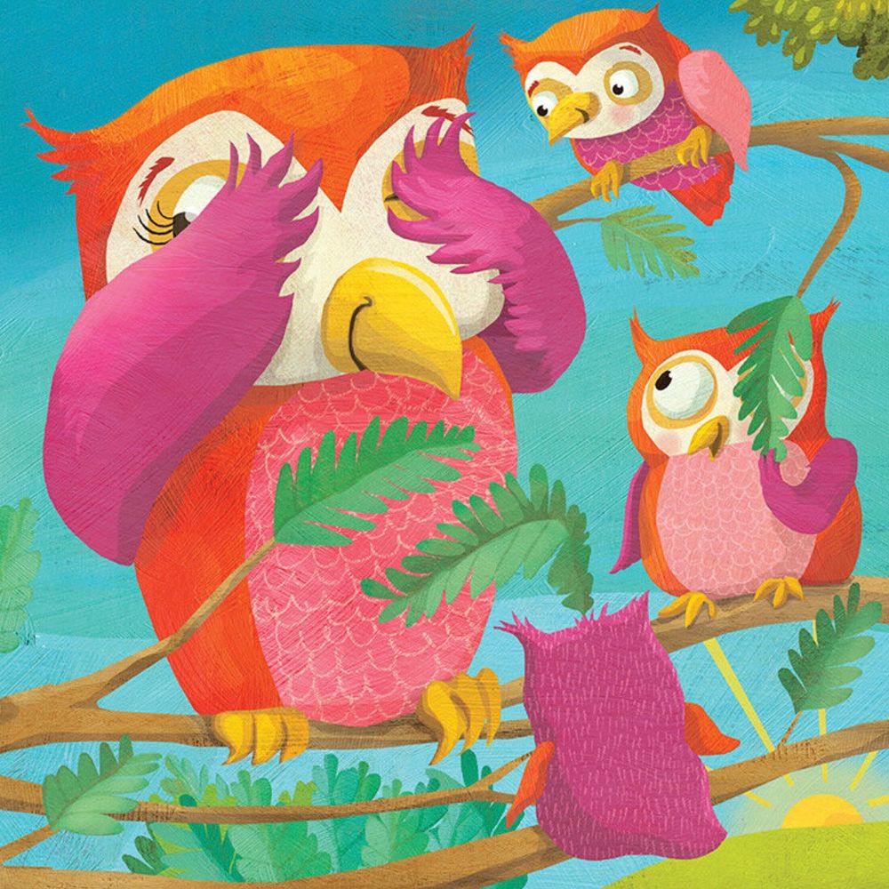 Bright purple owl mother and babies playing peek-a-boo in a tree - illustration for baby board book