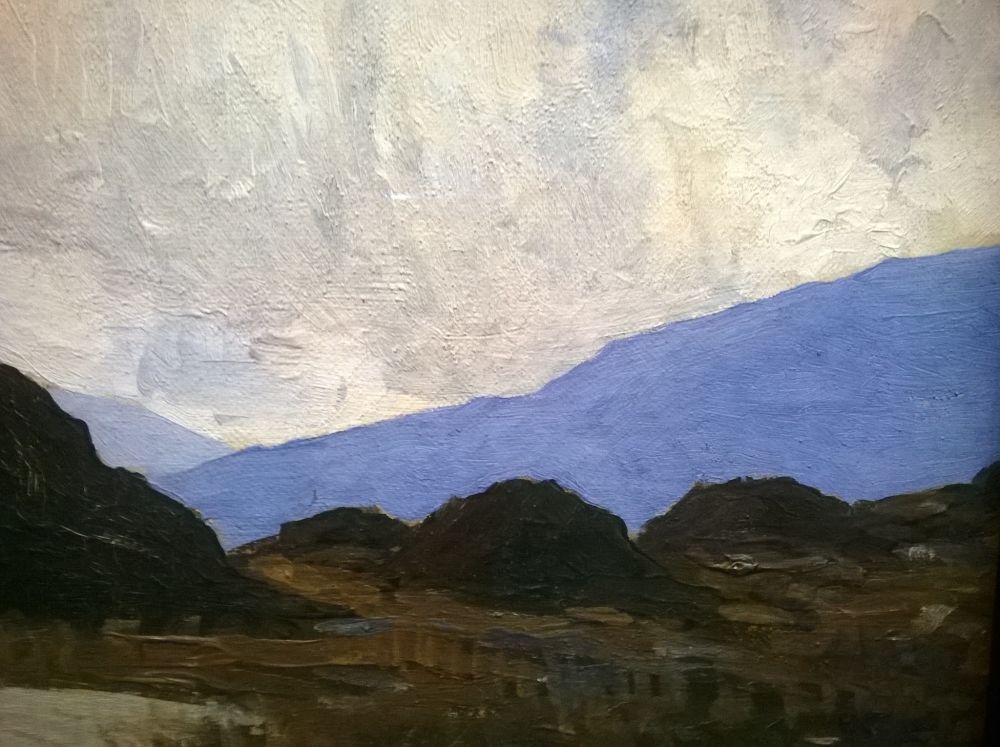 Close up. Paul Henry painting. Road between two mounds. Sky.