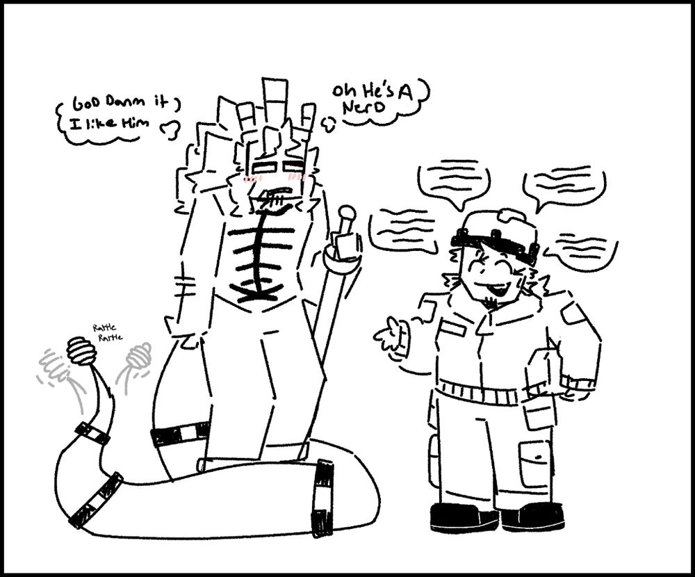 Ship Doodle of Builderman and 1x1x1x1, with Builderman talking about random things while 1x1x1x1 hunches over and thinks about how Builderman is a nerd and that she may like him along with wagging her Rattlesnake tail