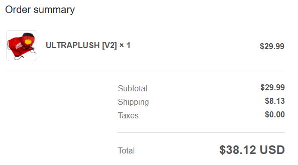 order confirmation for the V2 Ultrakill plushie, totaling $38.12